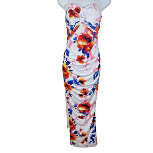 Rubber Ducky Ruched Strapless Multicolor Floral Maxi Dress Sz S